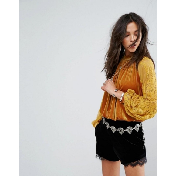 Free People Dream Team Gold Velvet Lace Top Mock Neck Balloon Sleeve S Boho - Picture 3 of 15